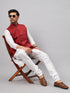 Vastramay Men's Maroon Matka Silk Nehru Jacket With White Silk Blend Kurta Pyjama Set